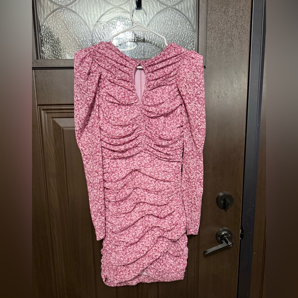 Bardot Rose-Pink Ruched Long-Sleeve Mini Dress